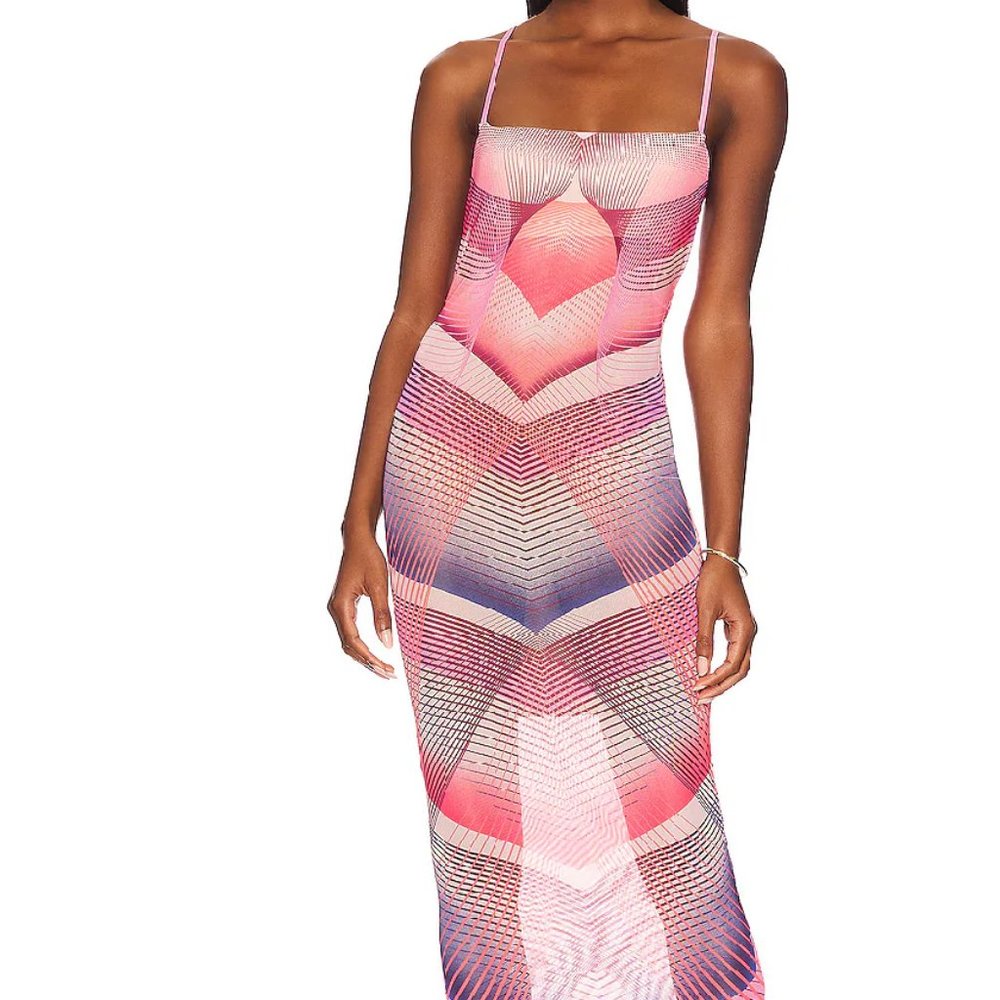 Pink Patterned Maxi Dress with Spaghetti Straps